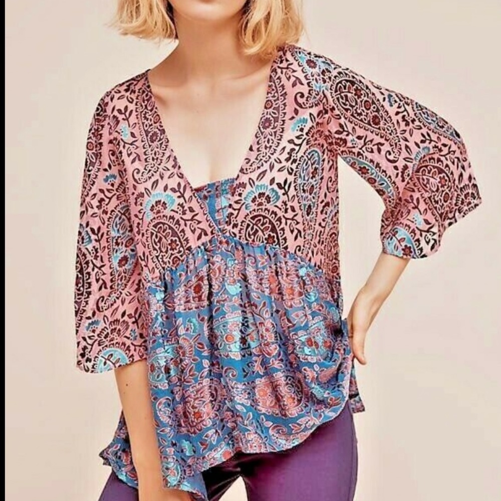 Anthropologie Floreat Silk Blend Purple Boho‎ Top XS